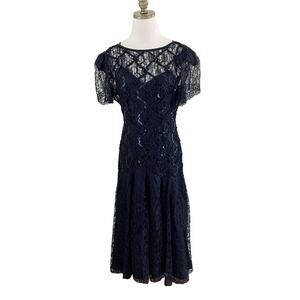 NWT Vintage 80s Deadstock Black Lace Tea Length Dress w Sequins Sheer Accents 6